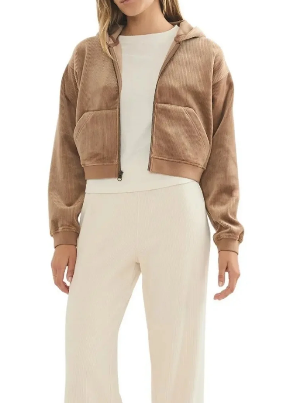538. Marine Layer Velour Corduroy Zip Up Hoodie | Color: Toffee - Picture 4 of 10